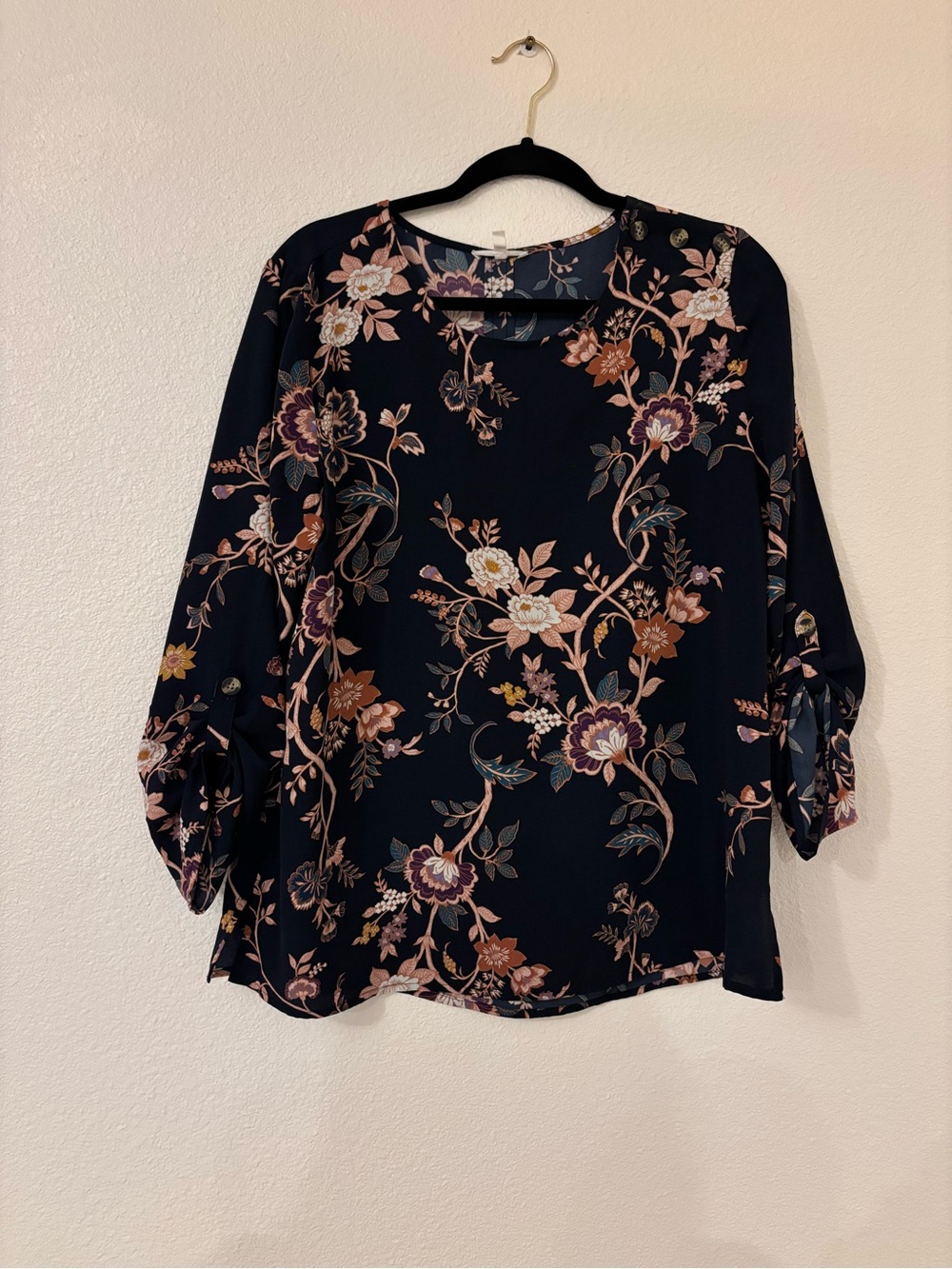 Maurices Navy Floral Blouse with Pink and Cream Accents